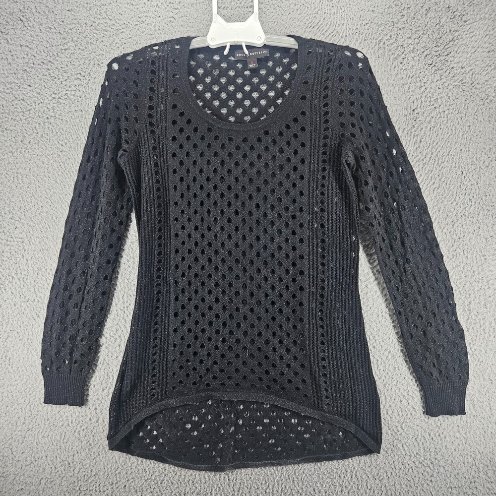 Rock‎ & Republic Women's Small Shimmer Black Metallic Eyelet Knit Open Weave S